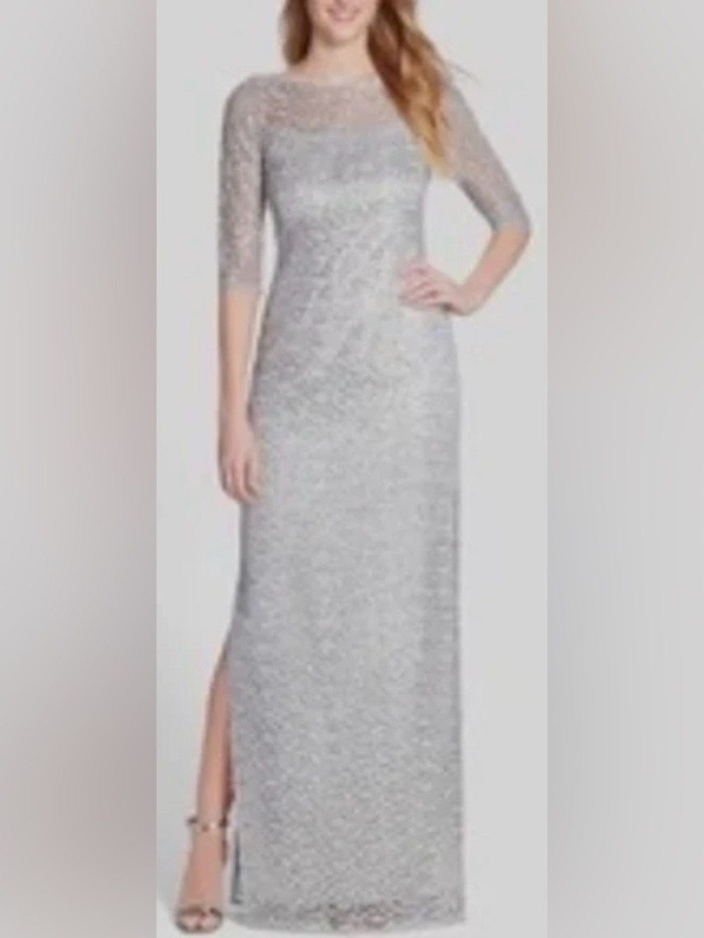 KAY UNGER crocheted lace sequins overlay 1/2 sleeve maxi silver dress NWT size 8